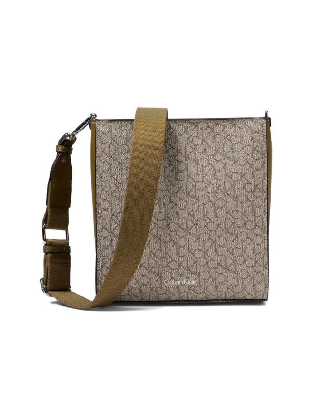 Calvin Klein Maddi Crossbody Purse, Mini Textured Logos Almond Taupe Olive Brown